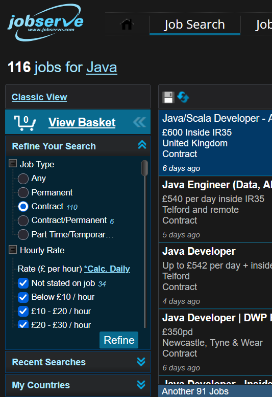 Screenshot of a search page for IT contract roles, showing day rates up to £600 per day.
